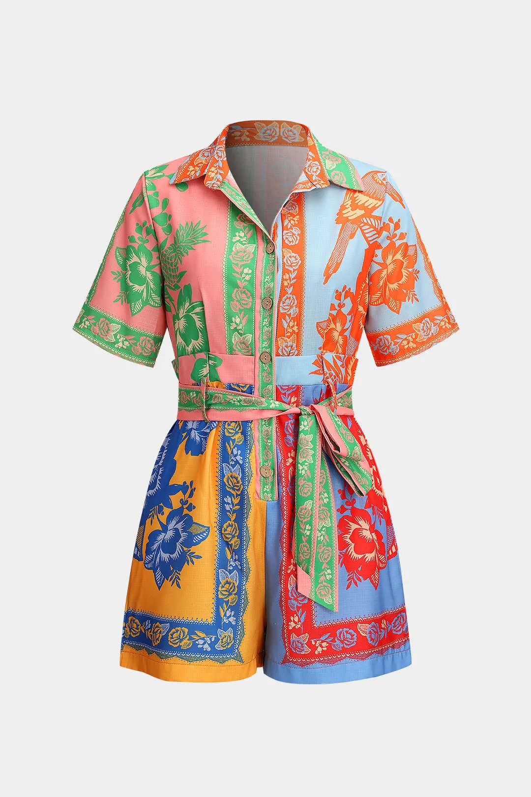 Blomstermønster linned knap tie-front kortærmet romper sold by Micas