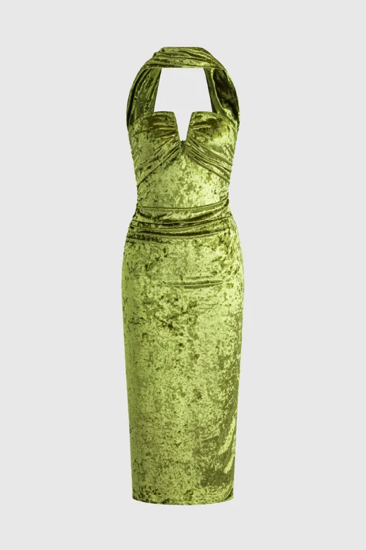 Fløjl ruched grime hals rygfri ærmeløs midi kjole sold by Micas
