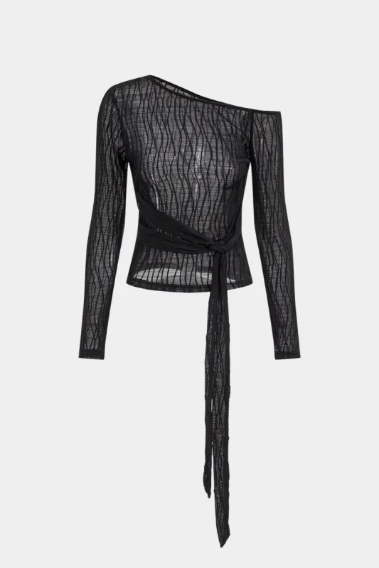 Asymmetry Neck Tie-Front Long-Sleeve Top sold by Micas