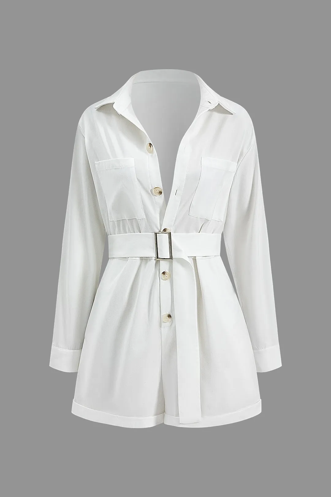 Plisseret bæltet lomme knap langærmet romper sold by Micas