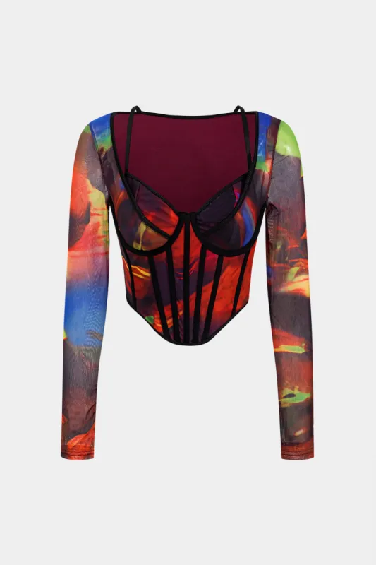 Abstrakt print mesh patchwork korset langærmet top sold by Micas