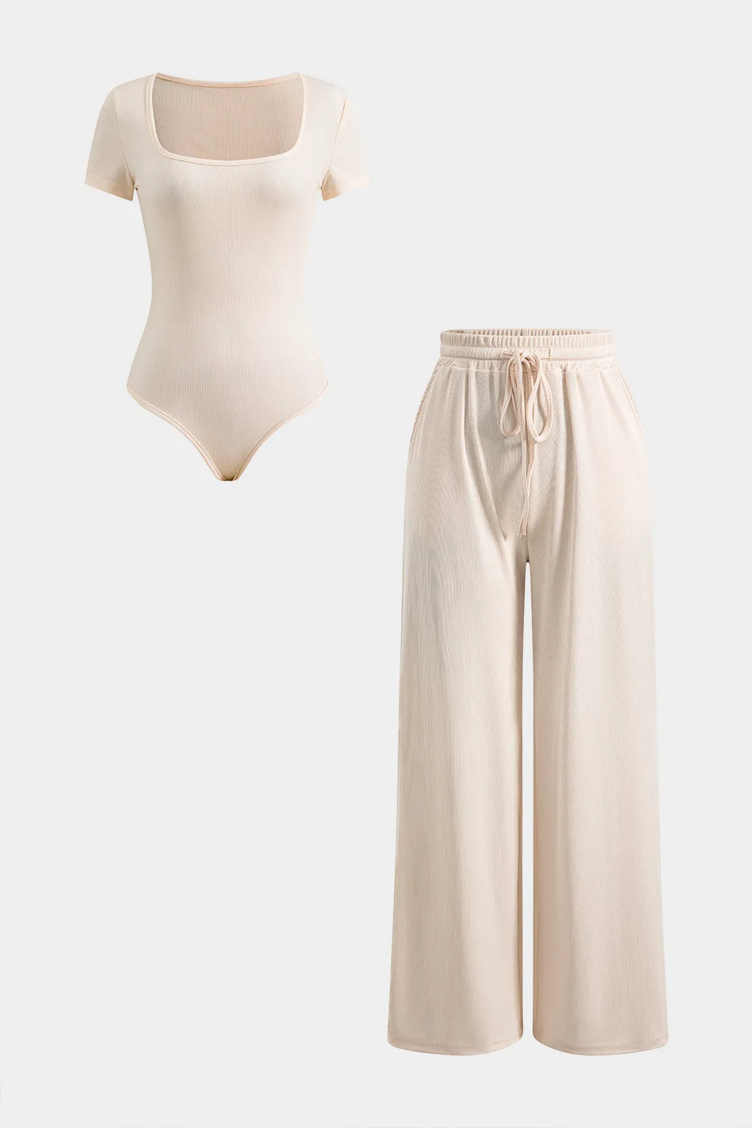 Firkantet hals kortærmet bodysuit og drager brede benbukser sæt sold by Micas