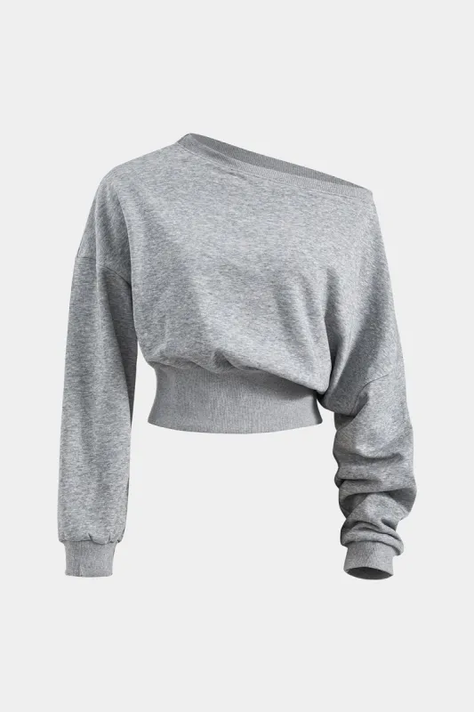Asymmetric Shoulder Long-Sleeve Top sold by Micas