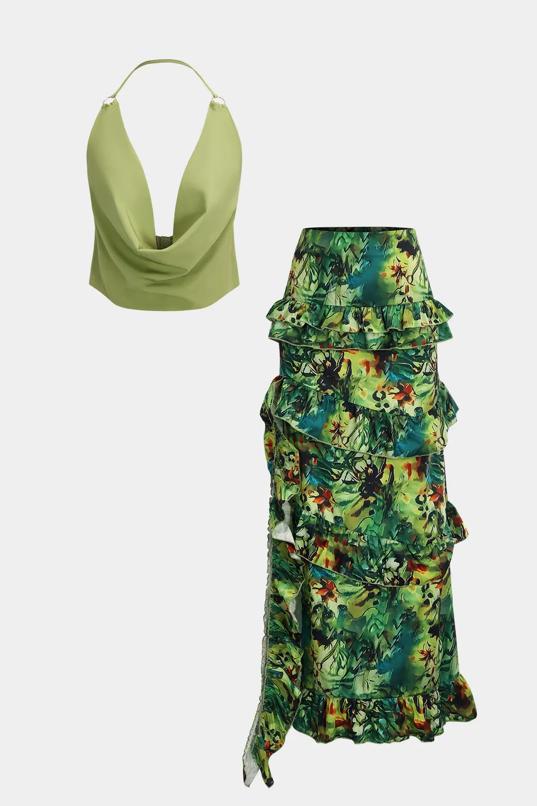 Cowl Neck Tie Back Cami Top og Abstract Watercolor Print Ruffle Nederdel sæt sold by Micas