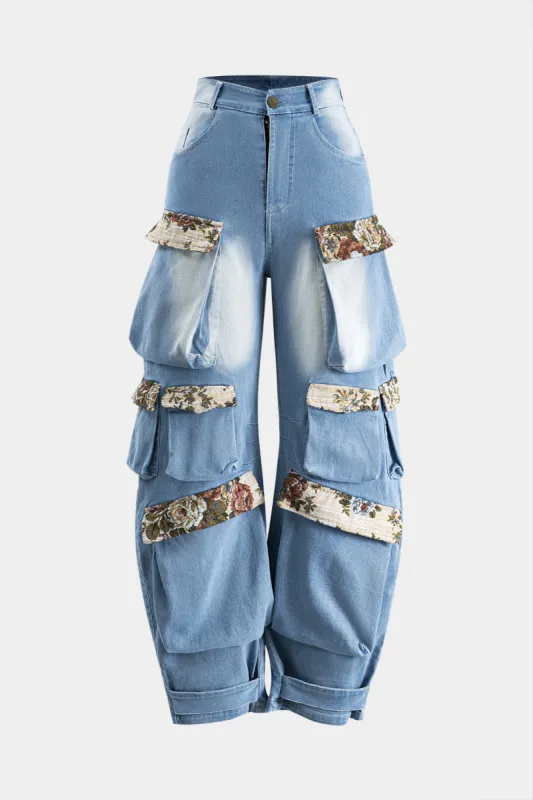 Jacquard denim patchwork -knap lynlås lomme tønde jeans sold by Micas