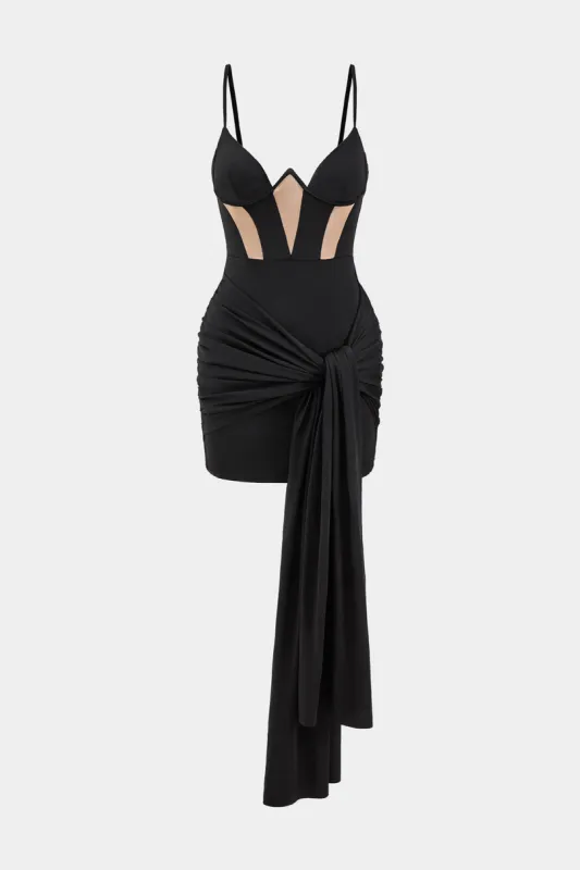 Mesh Ruched Tie Front Bustier Patchwork Slip Mini Dress sold by Micas