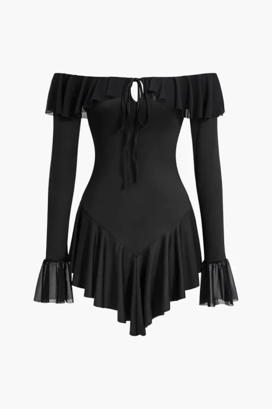 Mesh Ruffle Tie Front Off Shoulder Long Sleeve Mini Dress sold by Micas