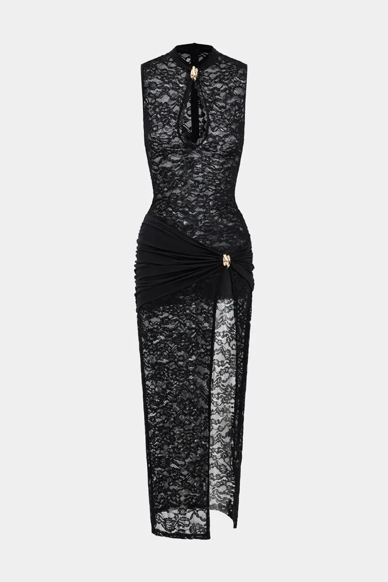 Blonder Metallic Ruched Cut Out Zipper Slit Maxi Dress sold by Micas
