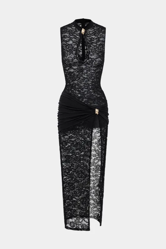 Blonder Metallic Ruched Cut Out Zipper Slit Maxi Dress sold by Micas