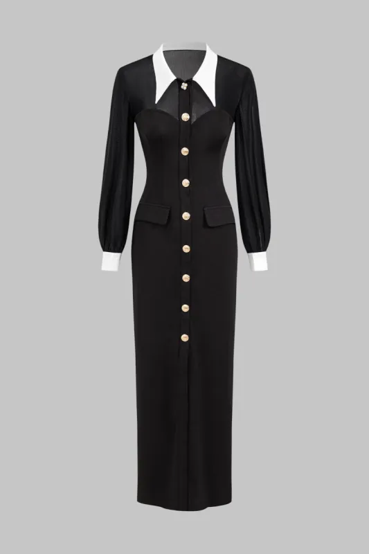 Ruched Patchwork Mesh Button Pocket Long Sleeve Maxi Dress sold by Micas