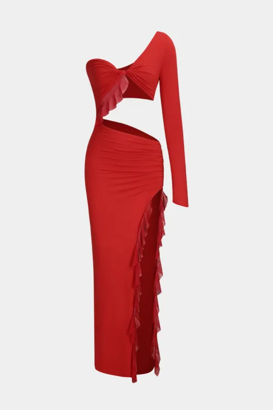 Ruched Ruffle Cut Out Knot Patchwork One Shoulder Slit Maxi Dress sold by Micas