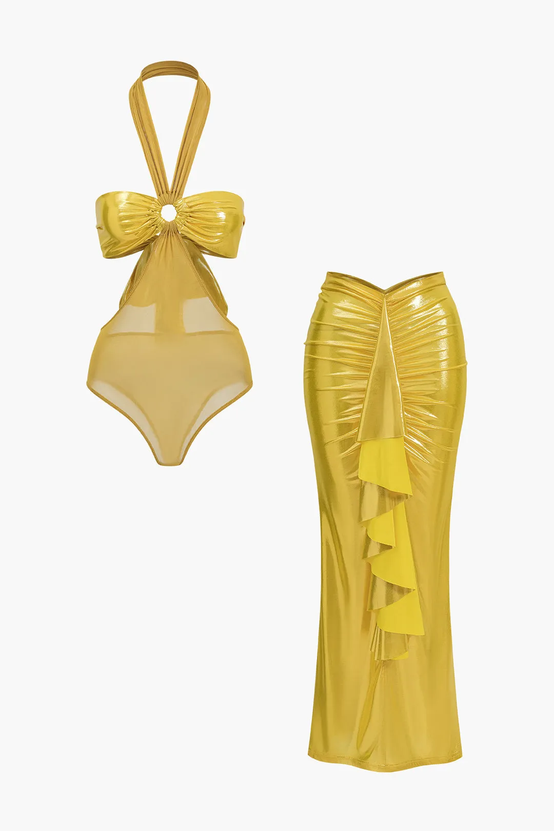 Ruched udskåret halter hals slips tilbage bodysuit og spalte nederdel sæt sold by Micas