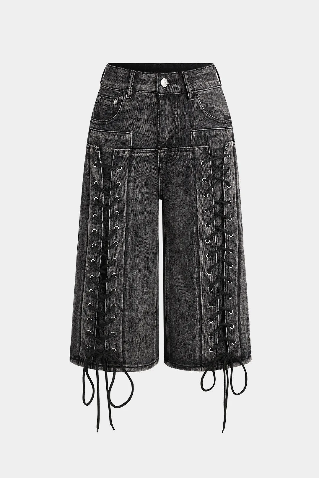 Denim DrawString Button Pocket Mid-længde Shorts sold by Micas