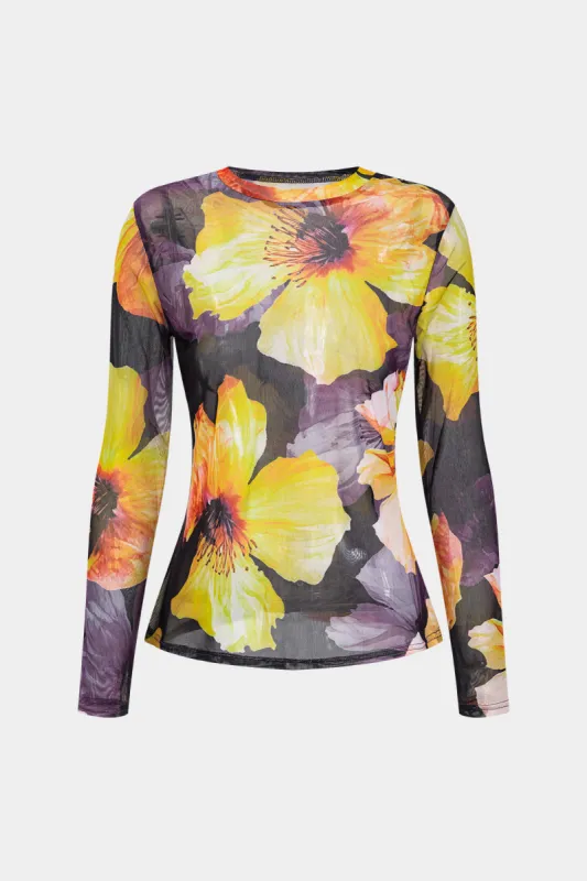 Blomsterprint Mesh Round Neck Langærmet top sold by Micas