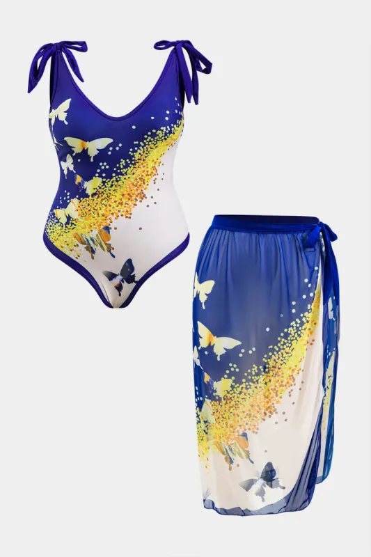 Plus Size Butterfly Pattern Print Tummy Control Tie Up Swimwear  And Ruched Tie Knot Cover Up Set sold by Micas
