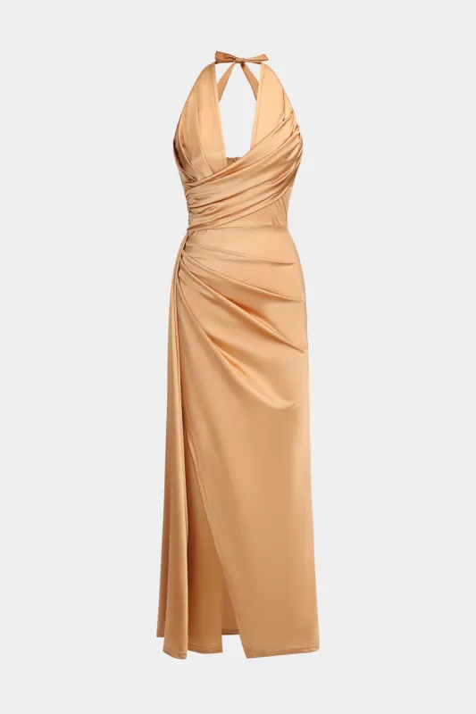 Satin Pleated Cut Out Zipper Halter Neck Sleeveless Maxi Dress sold by Micas