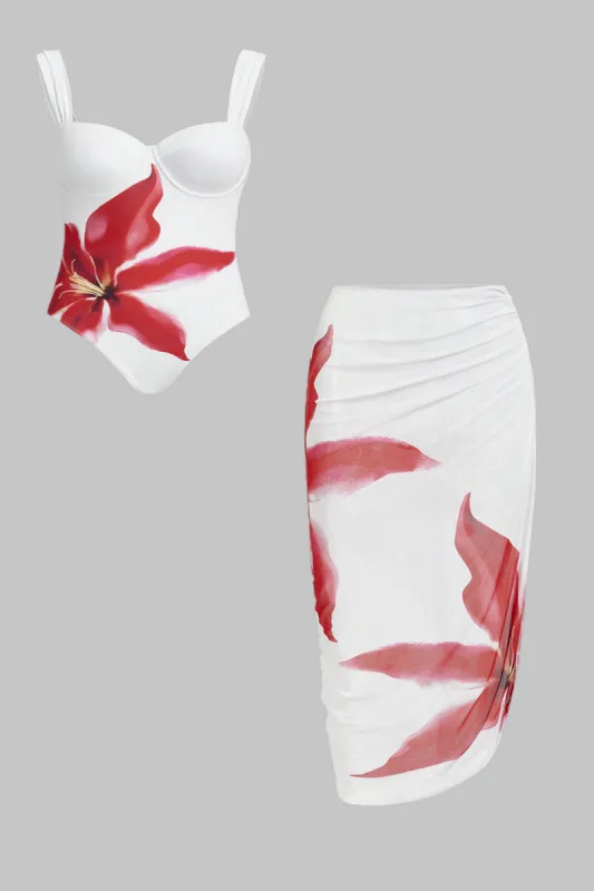 Plus størrelse blomsterprint Bustier Tummy Control Badetøj og Ruched Tie Front Cover Up Set sold by Micas