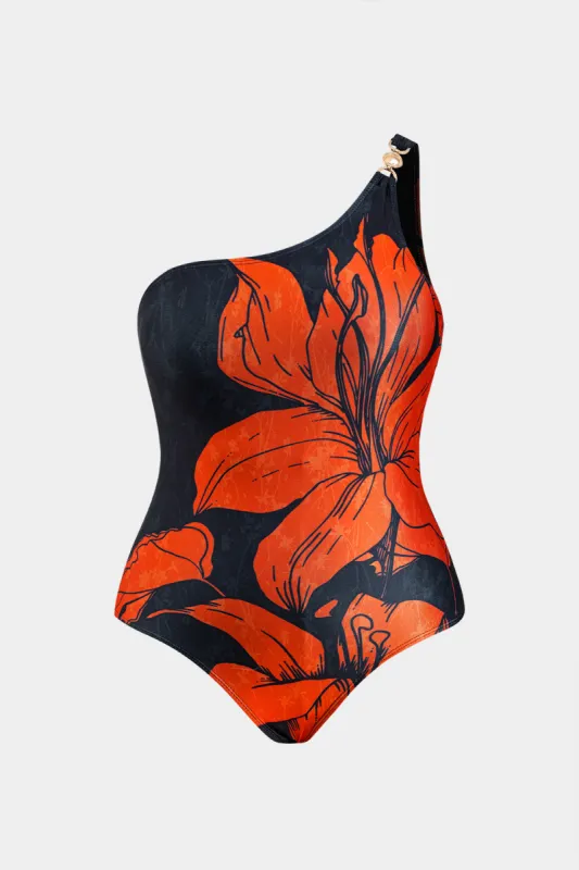Plus Size Floral Print Metallic Asymmetrical Tummy Control Swimsuit made by Micas