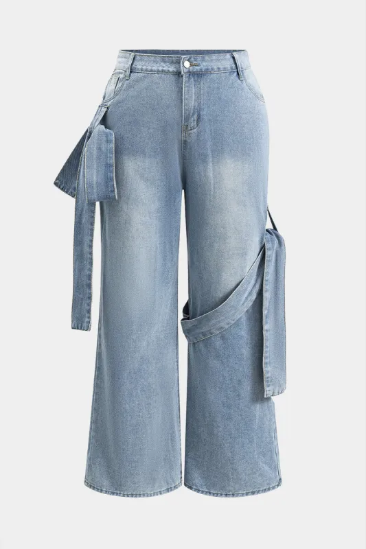 Plus størrelse denim bue knyttet knap lomme brede ben jeans sold by Micas