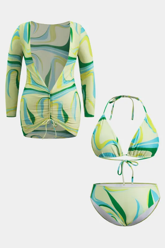 Plus størrelse abstrakt print ruched slips bakini tilbage og slips foran langærmet cover up kjole sæt sold by Micas