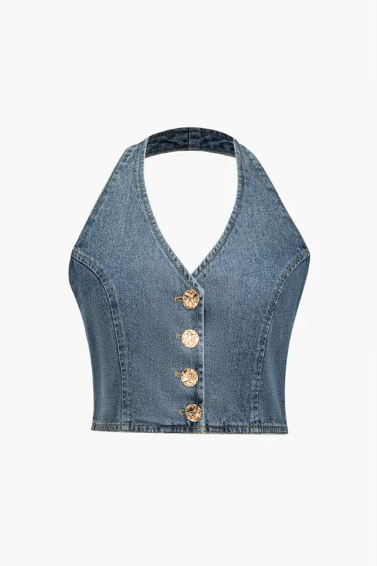 Denim -knap halter hals rygfri afgrøde cami top sold by Micas