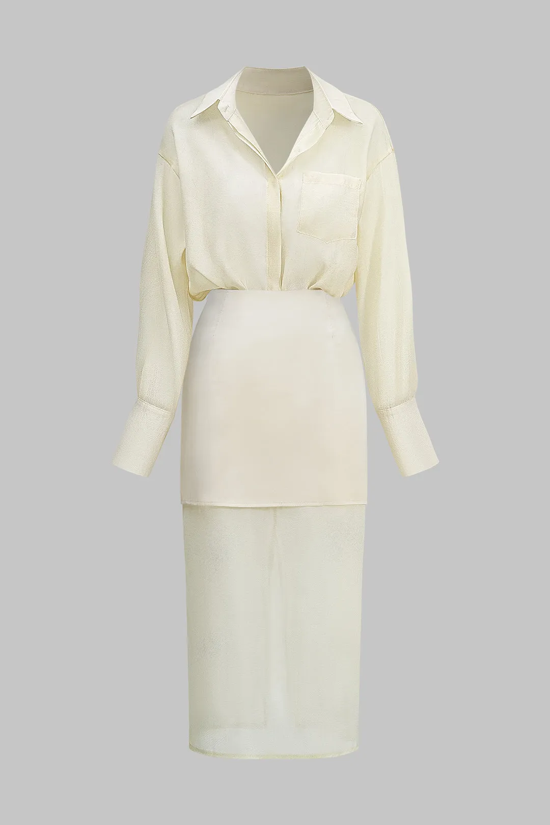 Chiffon knap lomme langærmet skjorte og patchwork spalte nederdel sæt sold by Micas