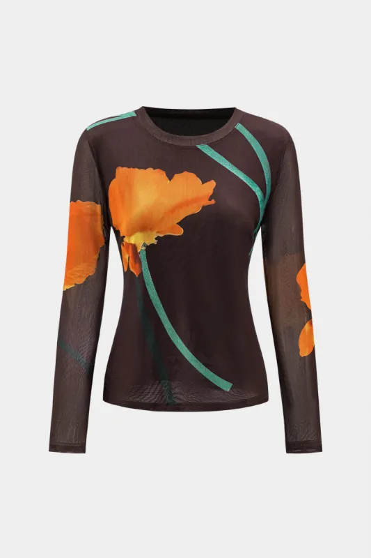 Blomsterprint Mesh Round Neck Langærmet top sold by Micas