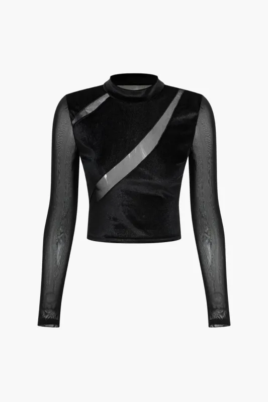 Velvet Mesh Sheer Patchwork Langærmet T-shirt sold by Micas