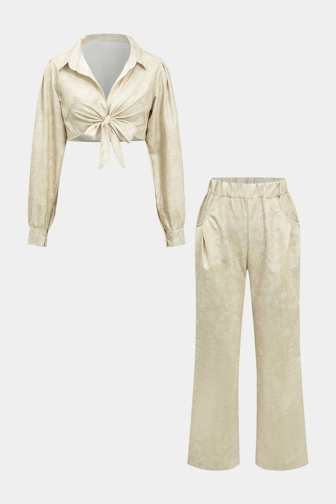 Bind farvestofprint Ruched knyttet langærmet top og lommebrede benbukser sæt sold by Micas