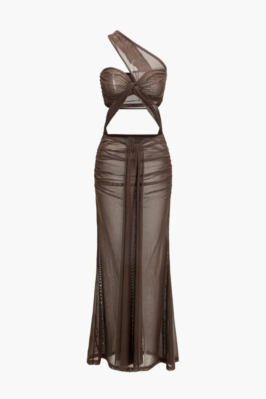 Mesh Ruched krydsede udskåret rygfri maxi -kjole made by Micas