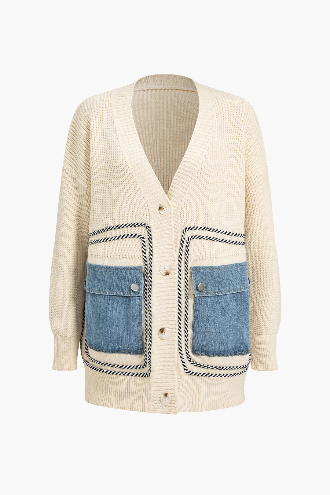 Sweater denim patchwork knap lomme cardigan sold by Micas