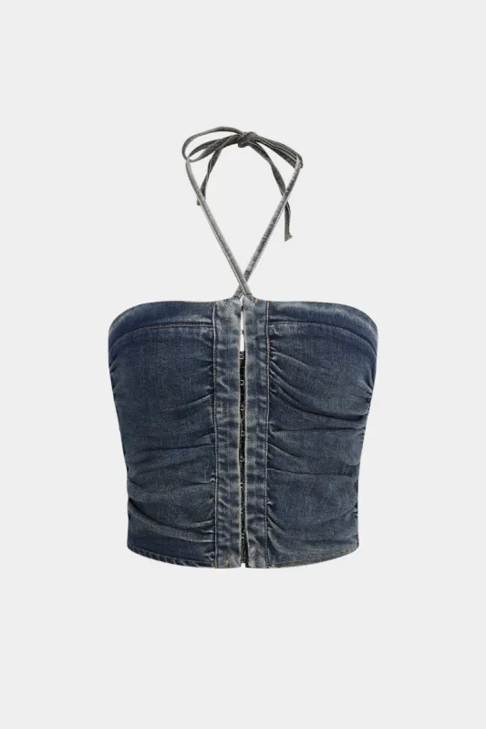 Denim Ruched Tie-Up Tube Top sold by Micas