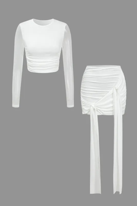 Mesh Patchwork Ruched Long Sleeve Top And Tie Front Skirt Set sold by Micas