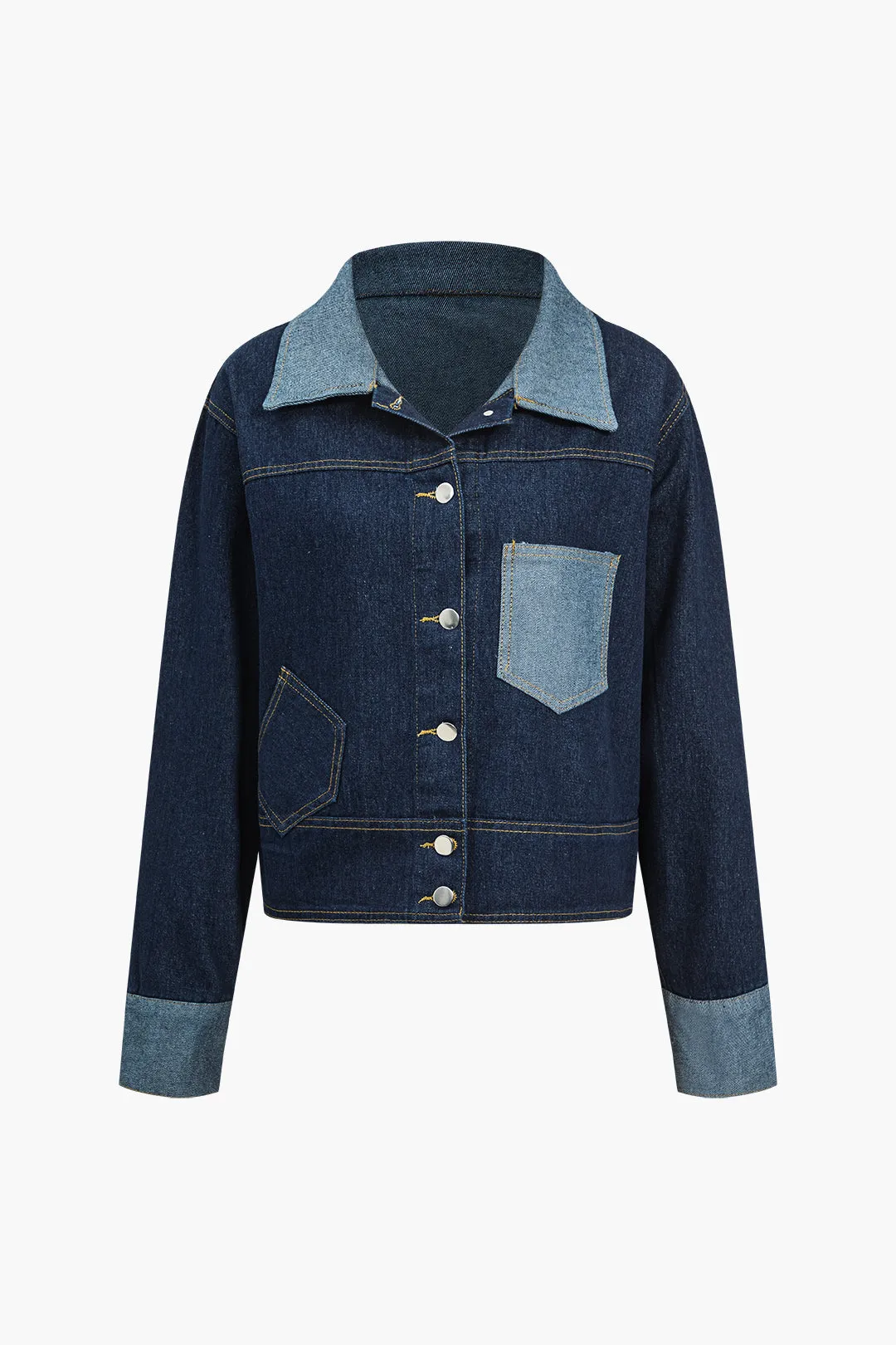 Denim patchwork lomme knap langærmet overtøj sold by Micas