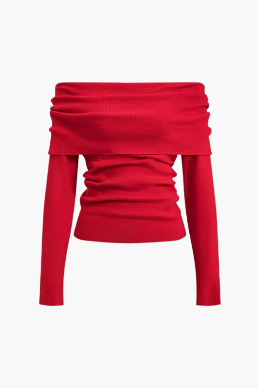 Knitted Ruched Off Shoulder Long-Sleeve Top sold by Micas