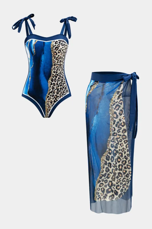 Marmor Leopard Contrast Print Tie Up Tummy Control Badetøj og Mesh Knoted Cover Up Nederdel Set sold by Micas