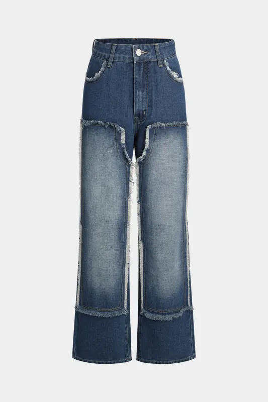 Denim knaplomme vaskede brede ben jeans sold by Micas