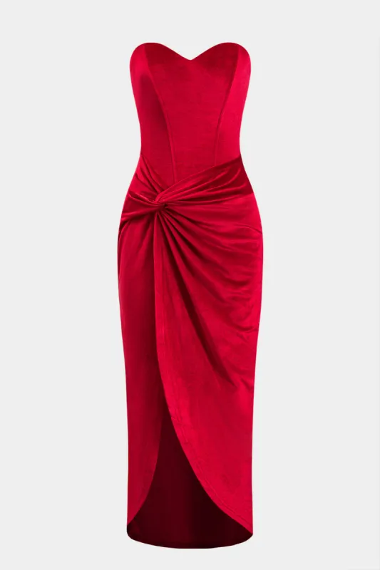 Fløjl twist knude stropløs spalte maxi kjole sold by Micas
