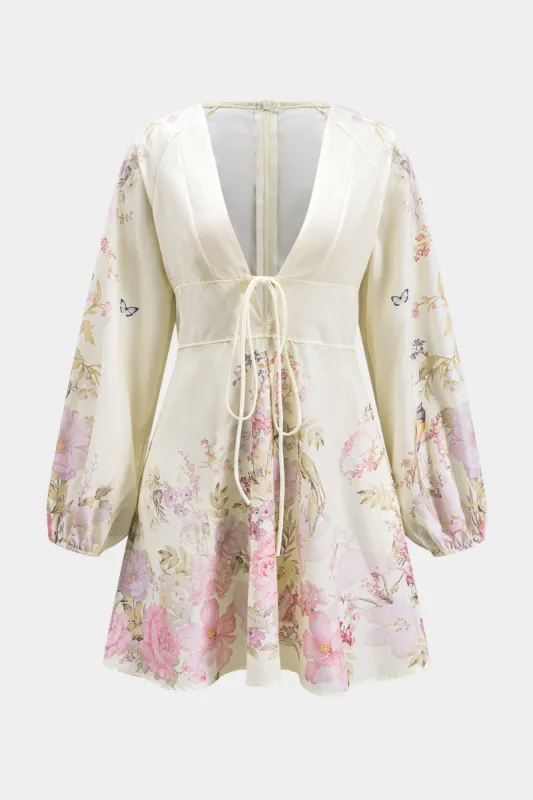 Blomsterprintbinding V-hals lynlås langærmet mini kjole sold by Micas
