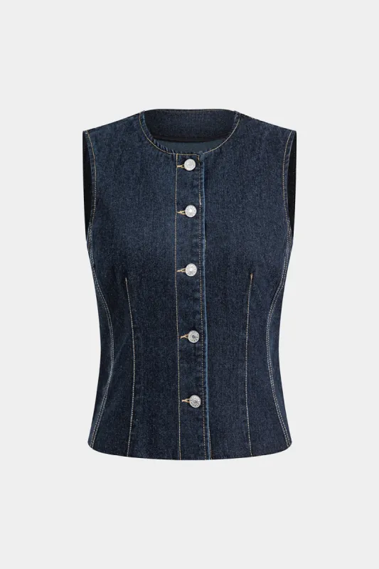 Denim -knap vest sold by Micas