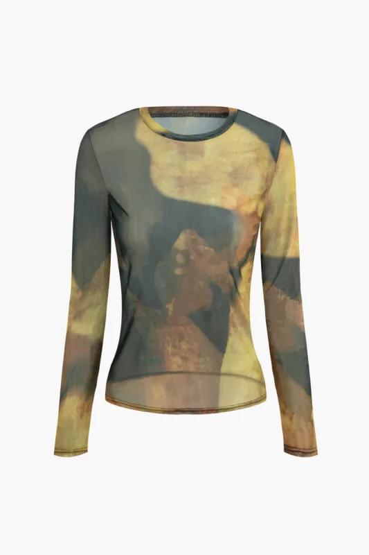 Ombre Print Mesh Round Neck Long-Sleeve Top sold by Micas
