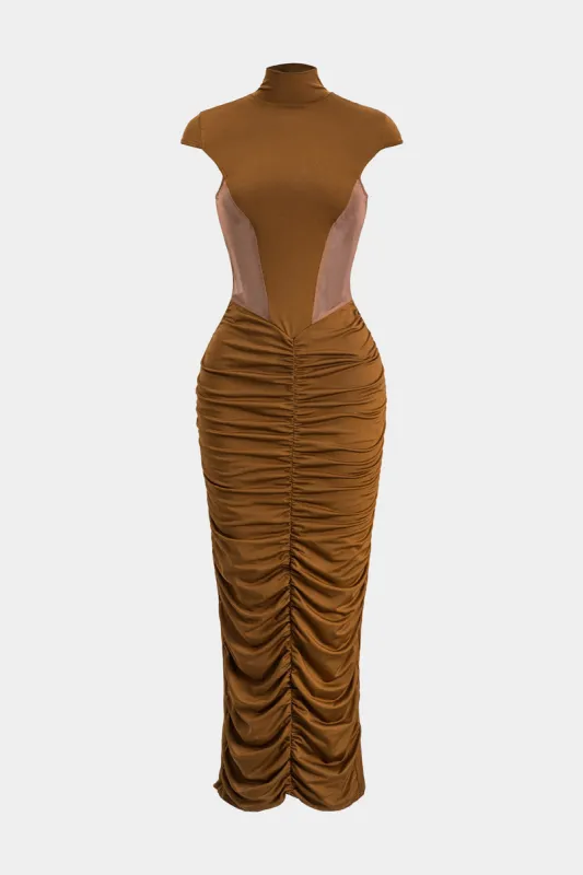 Ruched Mock Neck Short Sleeve Slit Midi Dress sold by Micas