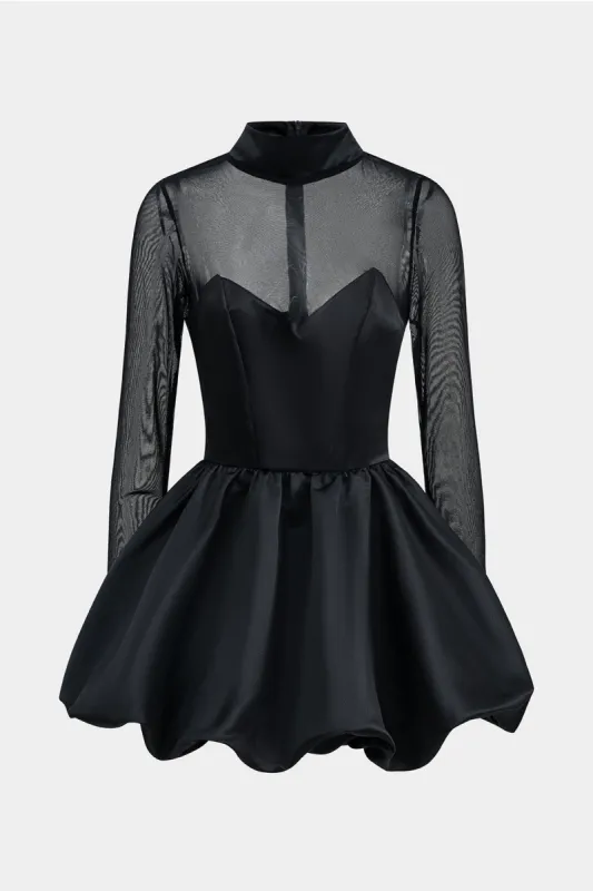 Mesh Patchwork Mock Neck Zipper Puff Hem Long Sleeve Mini Dress sold by Micas