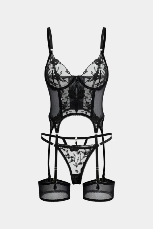 Sheer Mesh Embroidery Bead Lingerie Garter Set sold by Micas