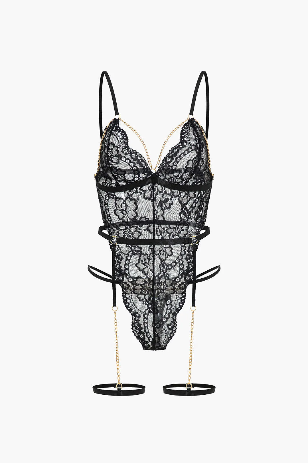 Blonder Metallic Chain Cut Out Sheer Lingerie Garter Set sold by Micas