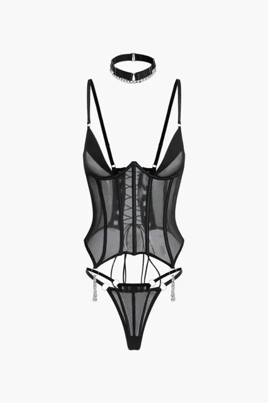 Mesh Chain Bustier Tie Back Lingerie Garter Set med Choker sold by Micas