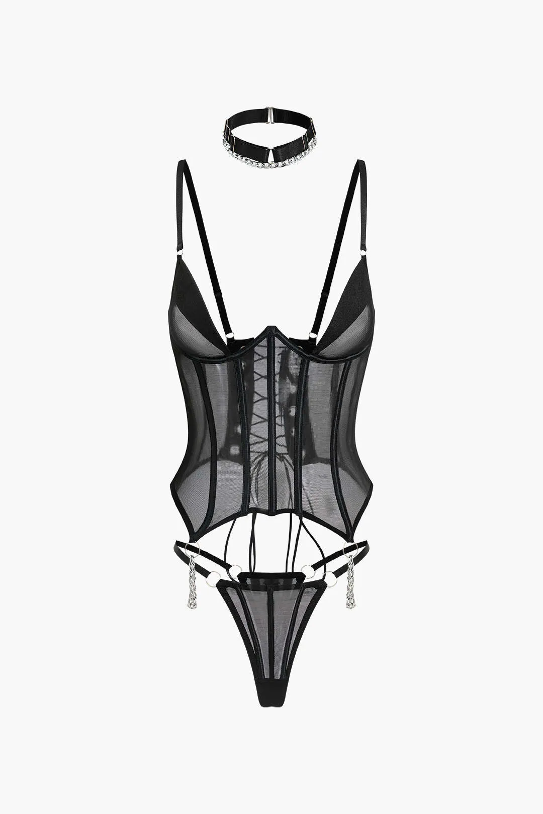 Mesh Chain Bustier Tie Back Lingerie Garter Set med Choker sold by Micas