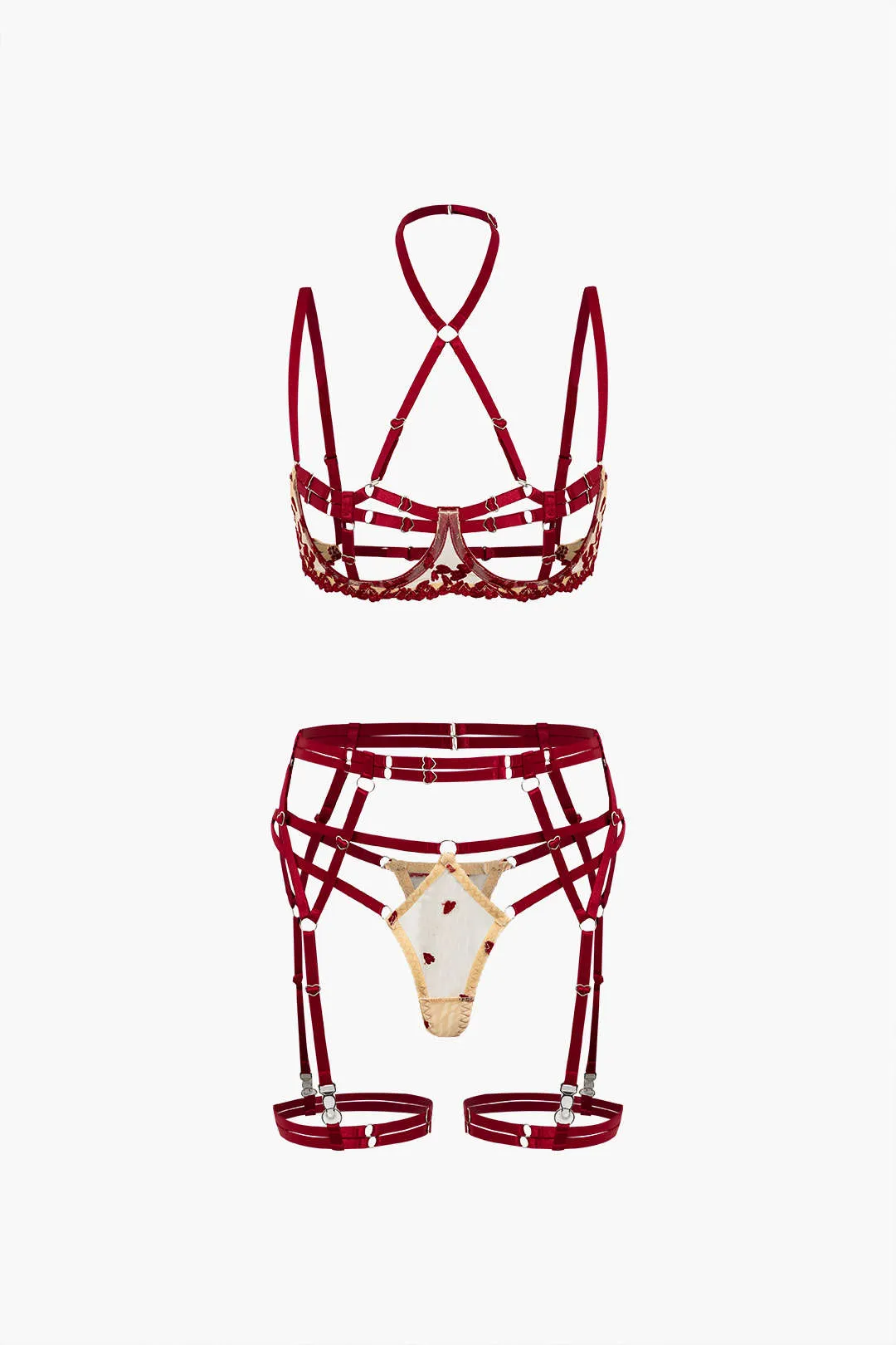 Mesh patchwork metallisk hjerteformring udskåret lingeri strømpebånd sæt sold by Micas