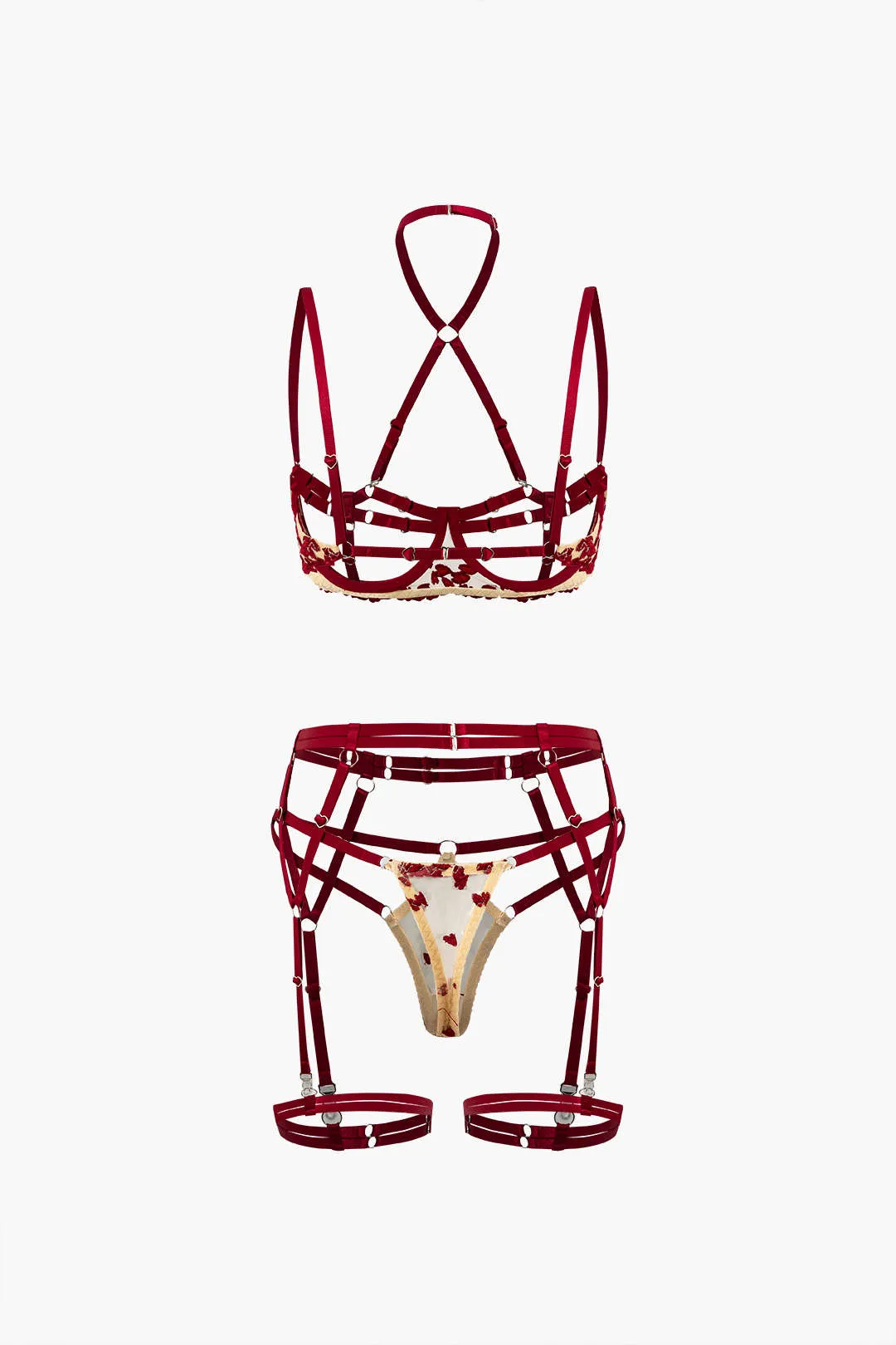 Mesh patchwork metallisk hjerteformring udskåret lingeri strømpebånd sæt sold by Micas product image thumbnail 2