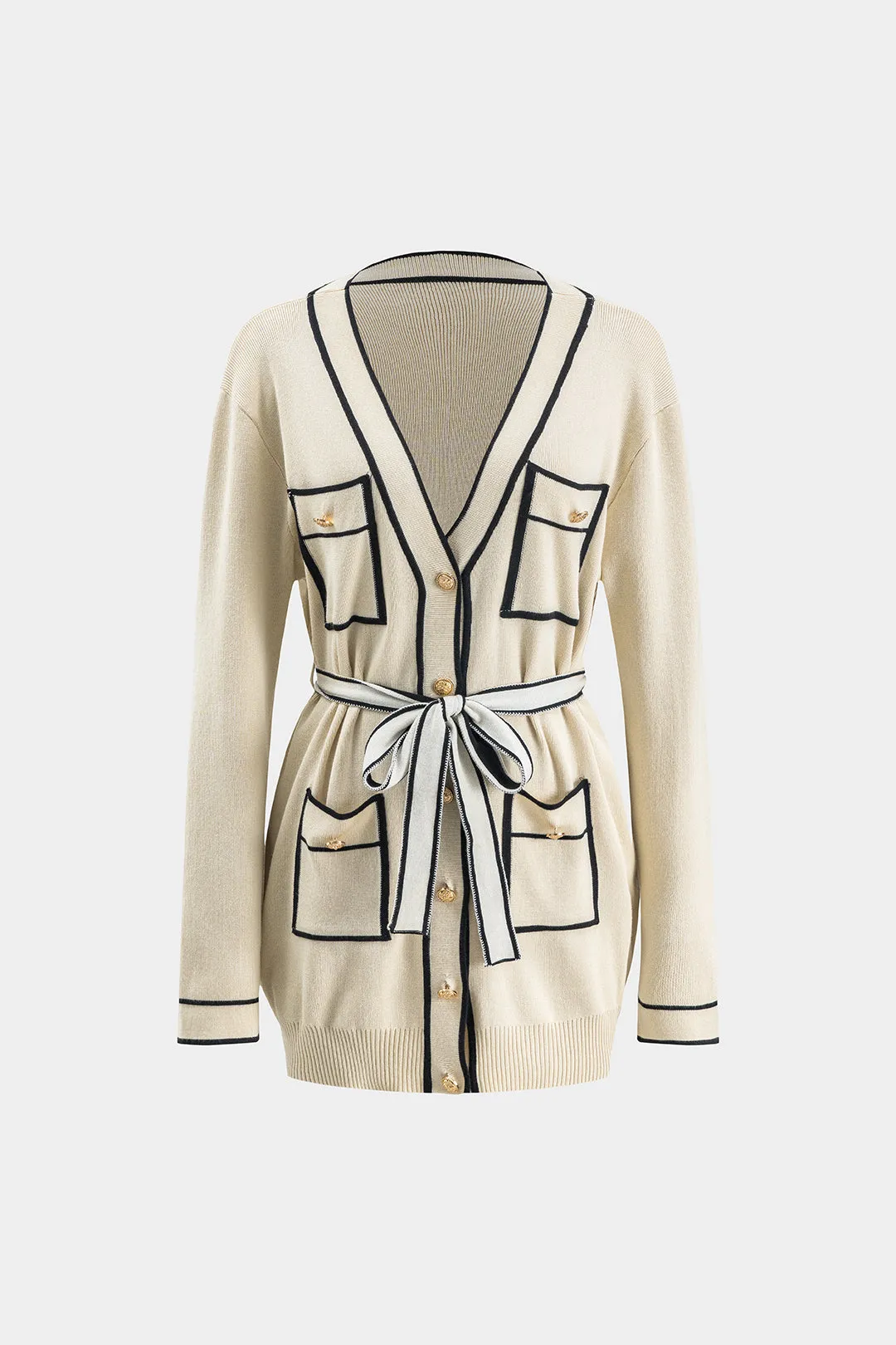 Sweater Ruched Button Pocket Tie Front Longærmet top og brede benbukser sæt sold by Micas product image thumbnail 2